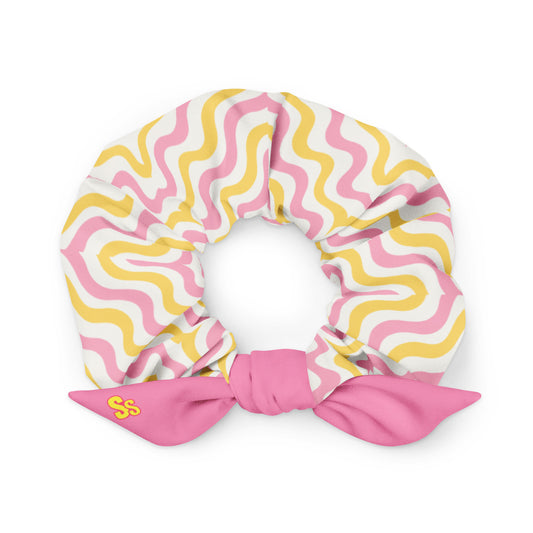 Recycled softball scrunchie, all-over print hair tie, front view