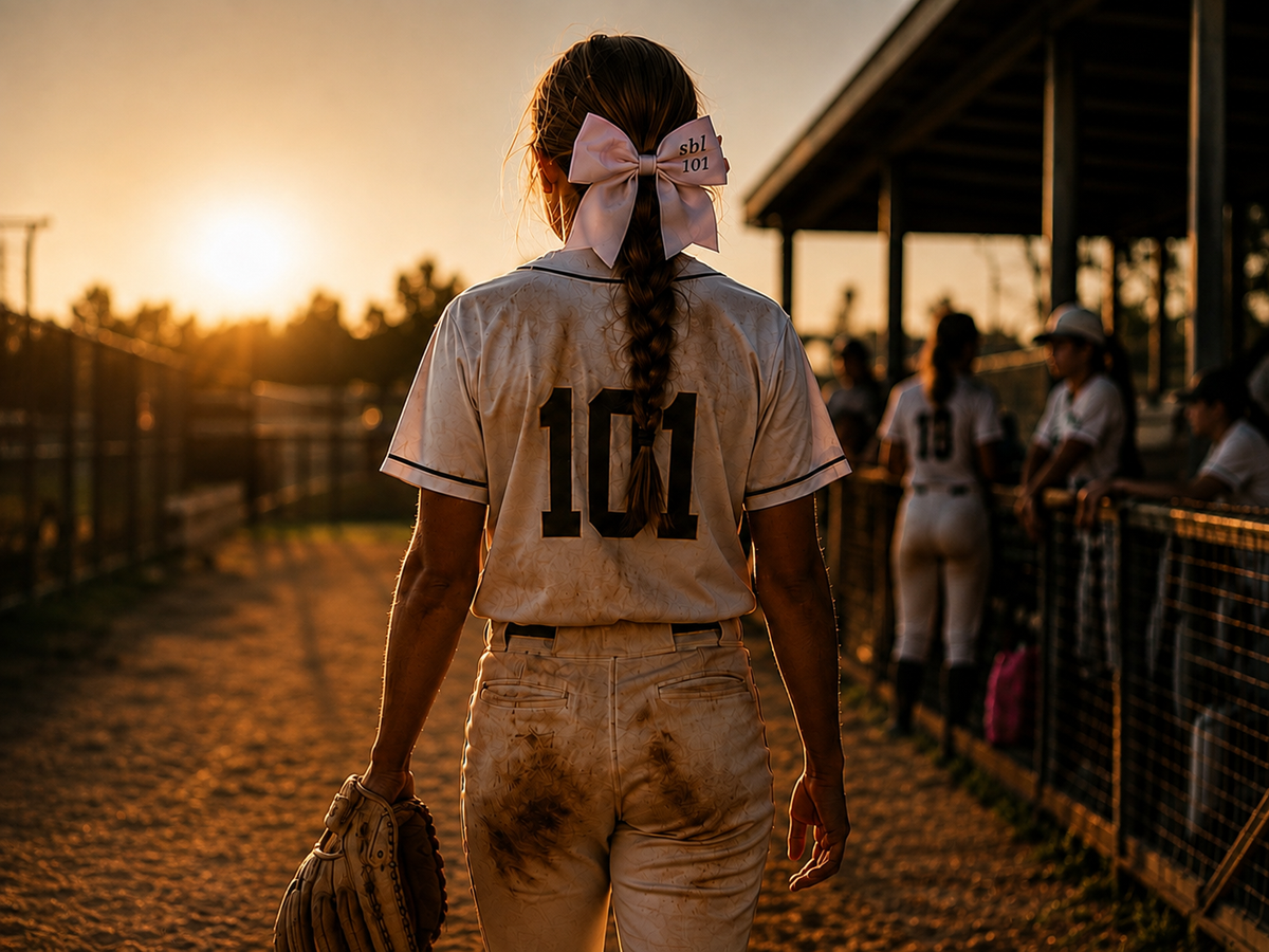 Softball player in a dirt-stained 101 jersey and pink SS101 bow walking off the field at sunset