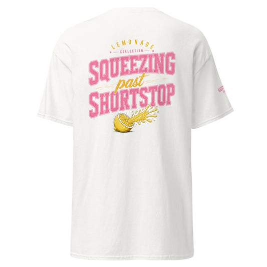 Shortstop Tee, white unisex softball graphic t-shirt, back view
