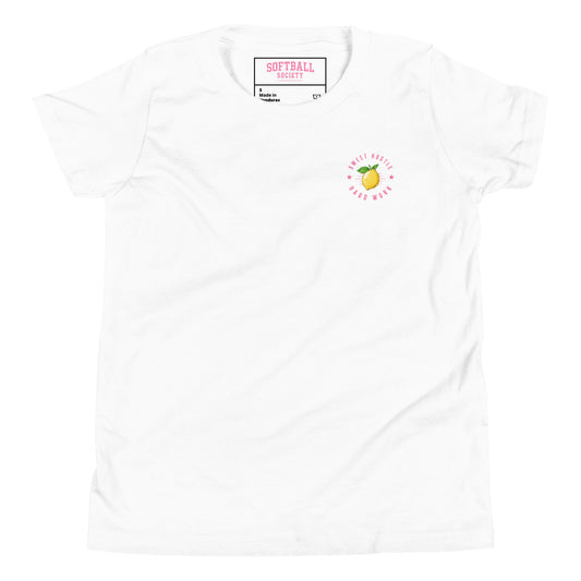 Shortstop Tee, white youth softball graphic t-shirt, front view